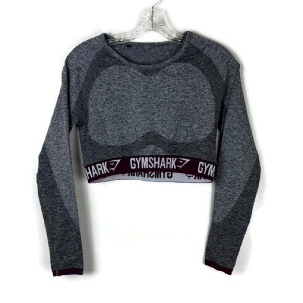Gymshark Athletic Cropped Long Sleeve Pullover Workout Top in Gray/Purple